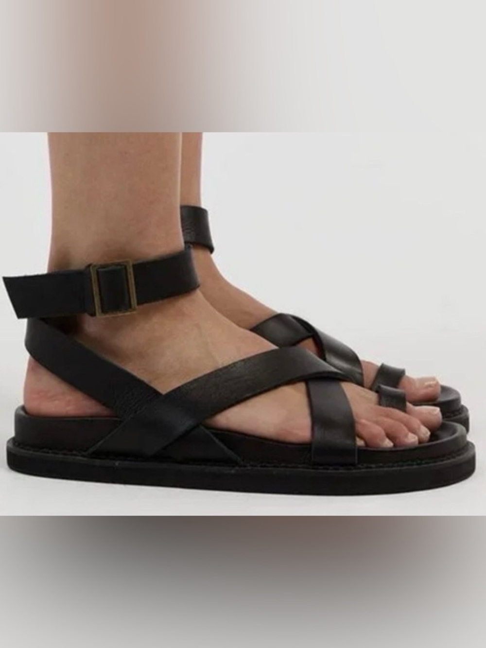 The Bali Tailor Leni Black Leather Ankle-Strap Sandals Sz 7 US